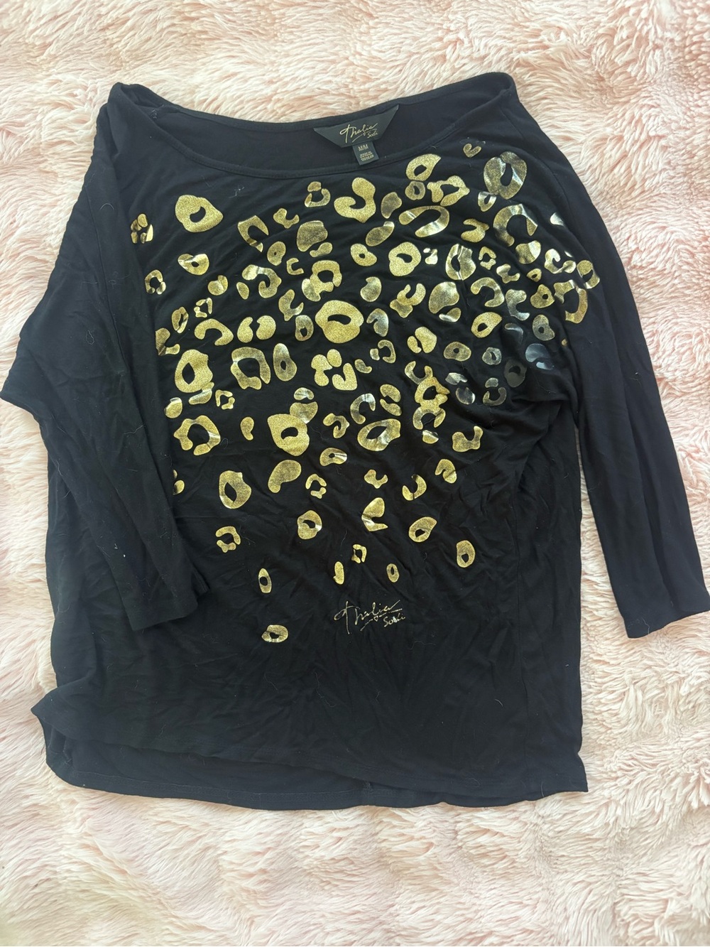 Thalia Sodi Black Long-Sleeve Top with Gold Leopard Print